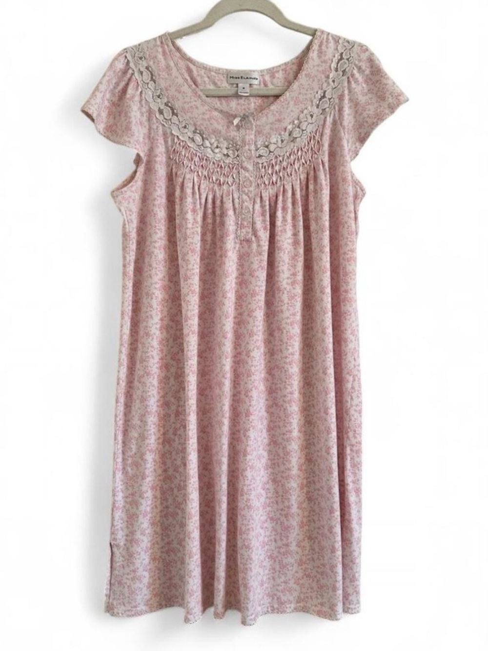 Miss Elaine Pink Floral Nightgown Lace Detail Button Front Women’s Medium